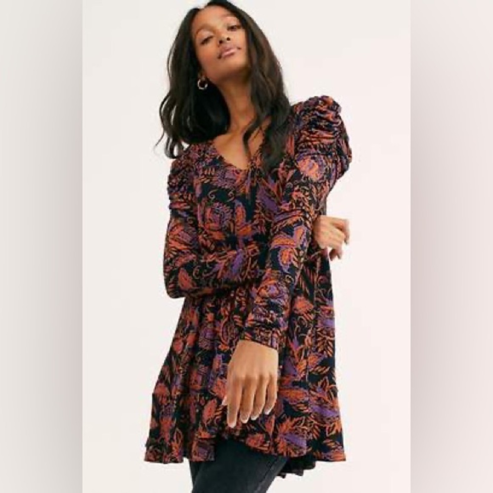 Free People Black and Purple Floral Tunic